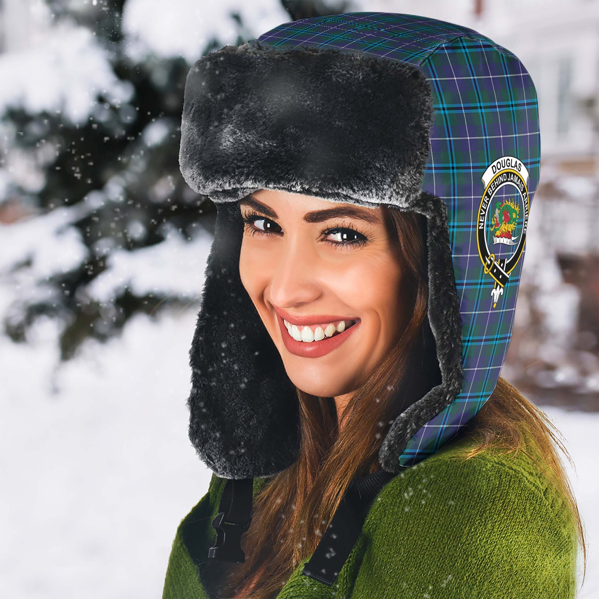 Douglas Modern Tartan Winter Trapper Hat with Family Crest - Tartanvibesclothing