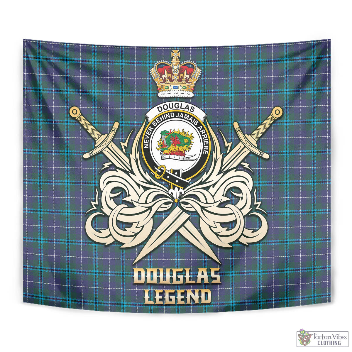 Tartan Vibes Clothing Douglas Modern Tartan Tapestry with Clan Crest and the Golden Sword of Courageous Legacy