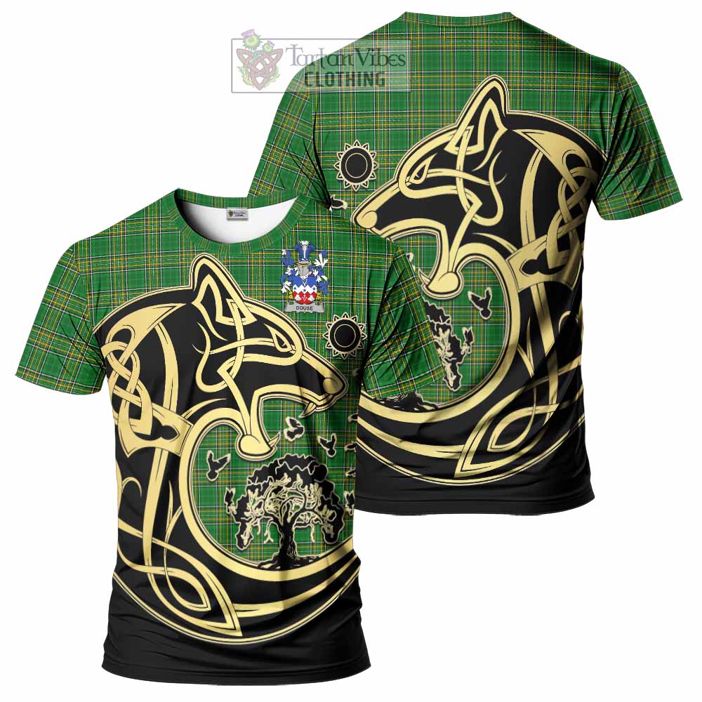 Tartan Vibes Clothing Douse Irish Tartan T-Shirt with Coat of Arms Celtic Wolf Style