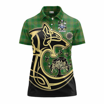 Drisdale Irish Tartan Women's Polo Shirt with Coat of Arms Celtic Wolf Style