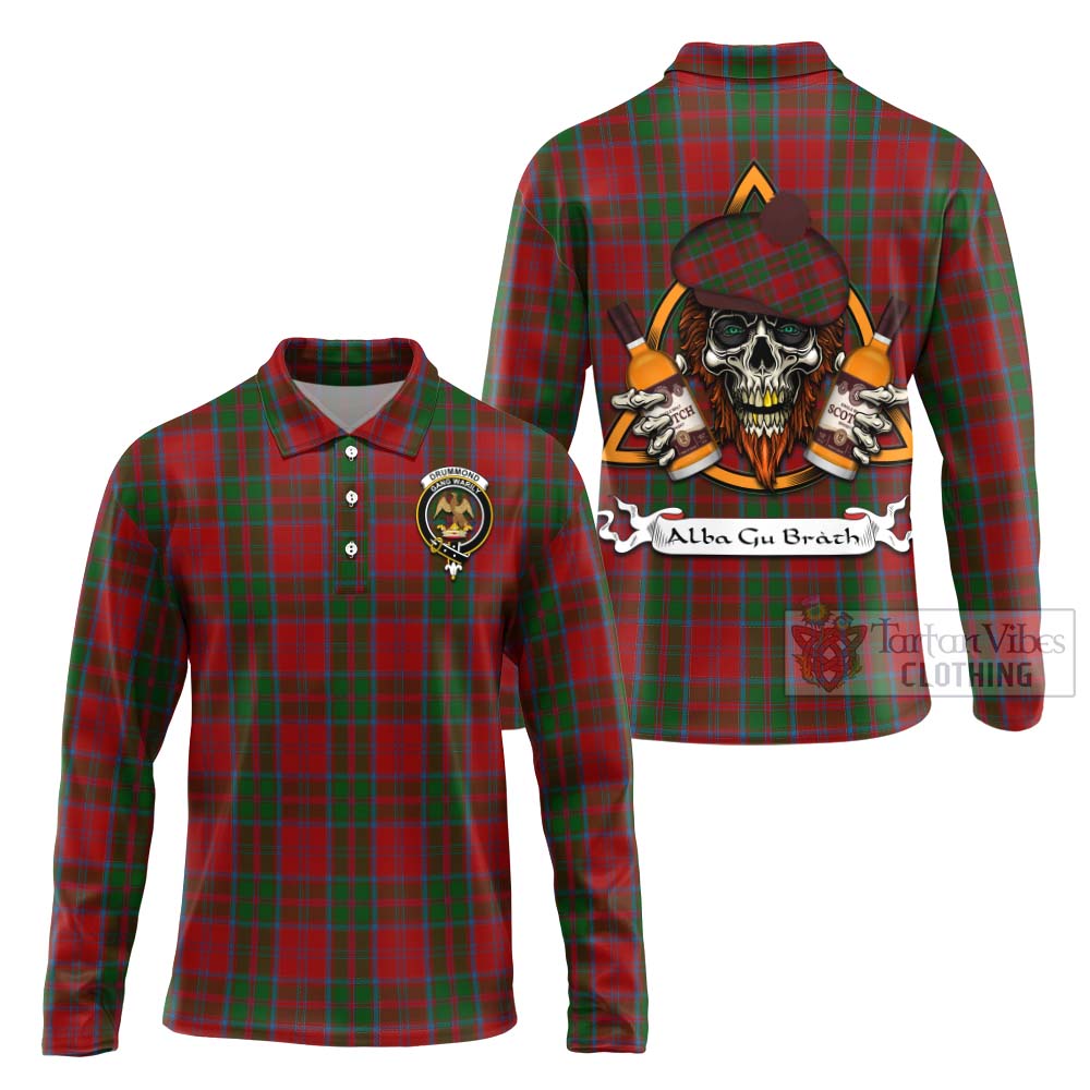 Tartan Vibes Clothing Drummond Tartan Long Sleeve Polo Shirt with Family Crest and Bearded Skull Holding Bottles of Whiskey