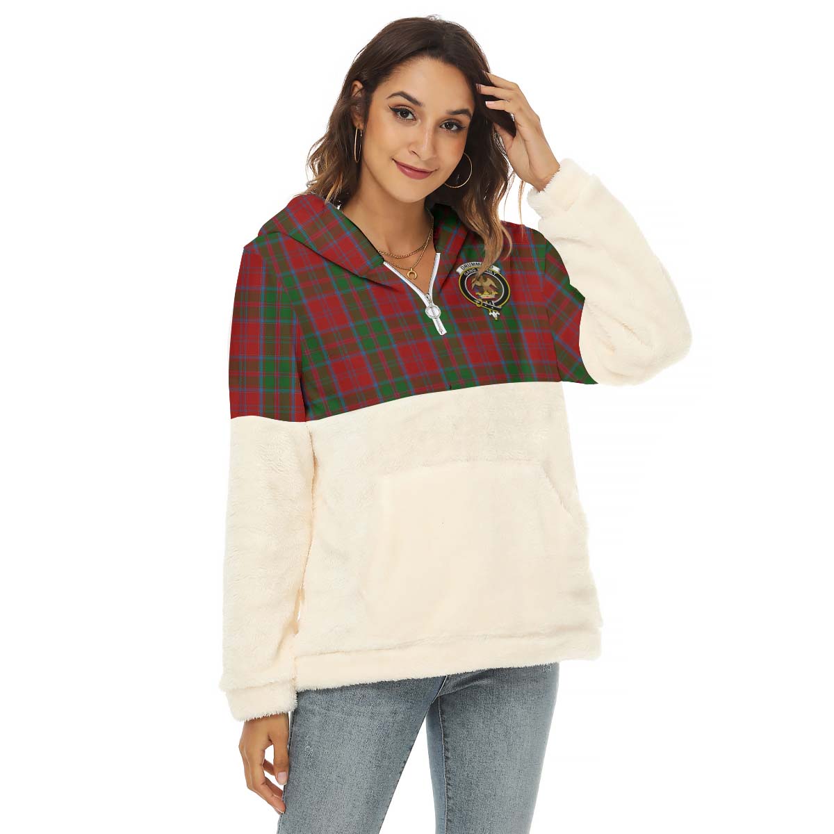 Drummond Tartan Women's Borg Fleece Hoodie With Half Zip with Family Crest Female - Tartan Vibes Clothing