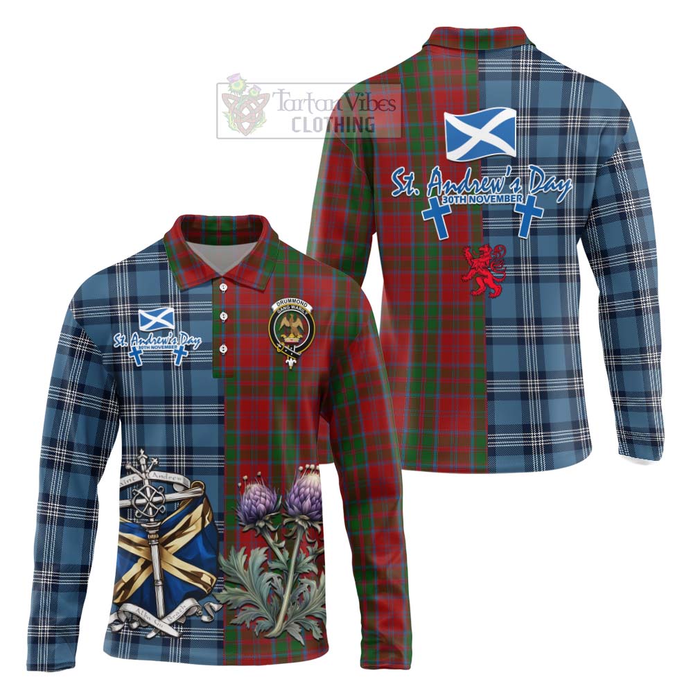 Tartan Vibes Clothing Drummond Tartan Long Sleeve Polo Shirt Happy St. Andrew's Day Half Tartan Style