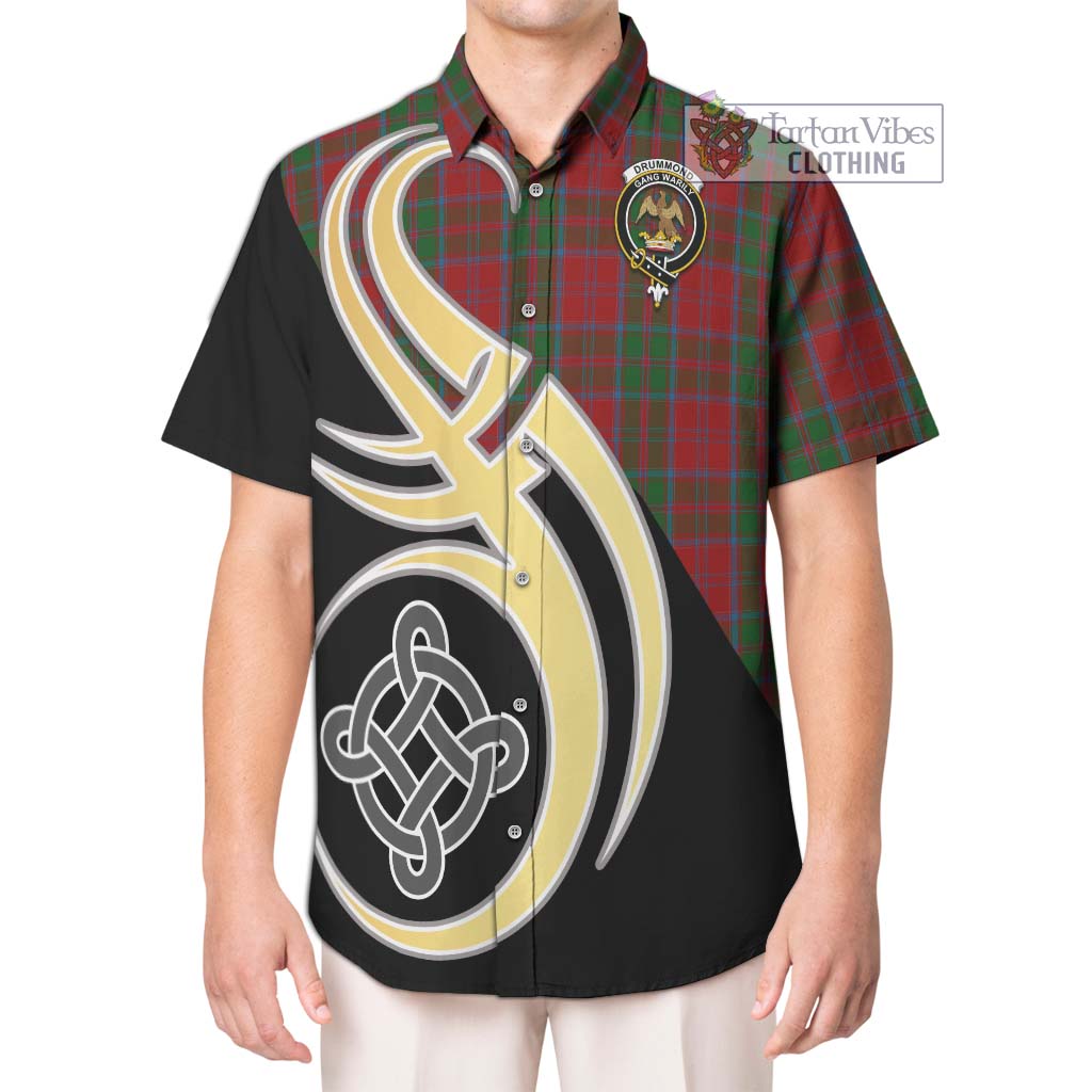 Drummond Tartan Short Sleeve Button Shirt with Family Crest and Celtic Symbol Style Kid - Tartan Vibes Clothing