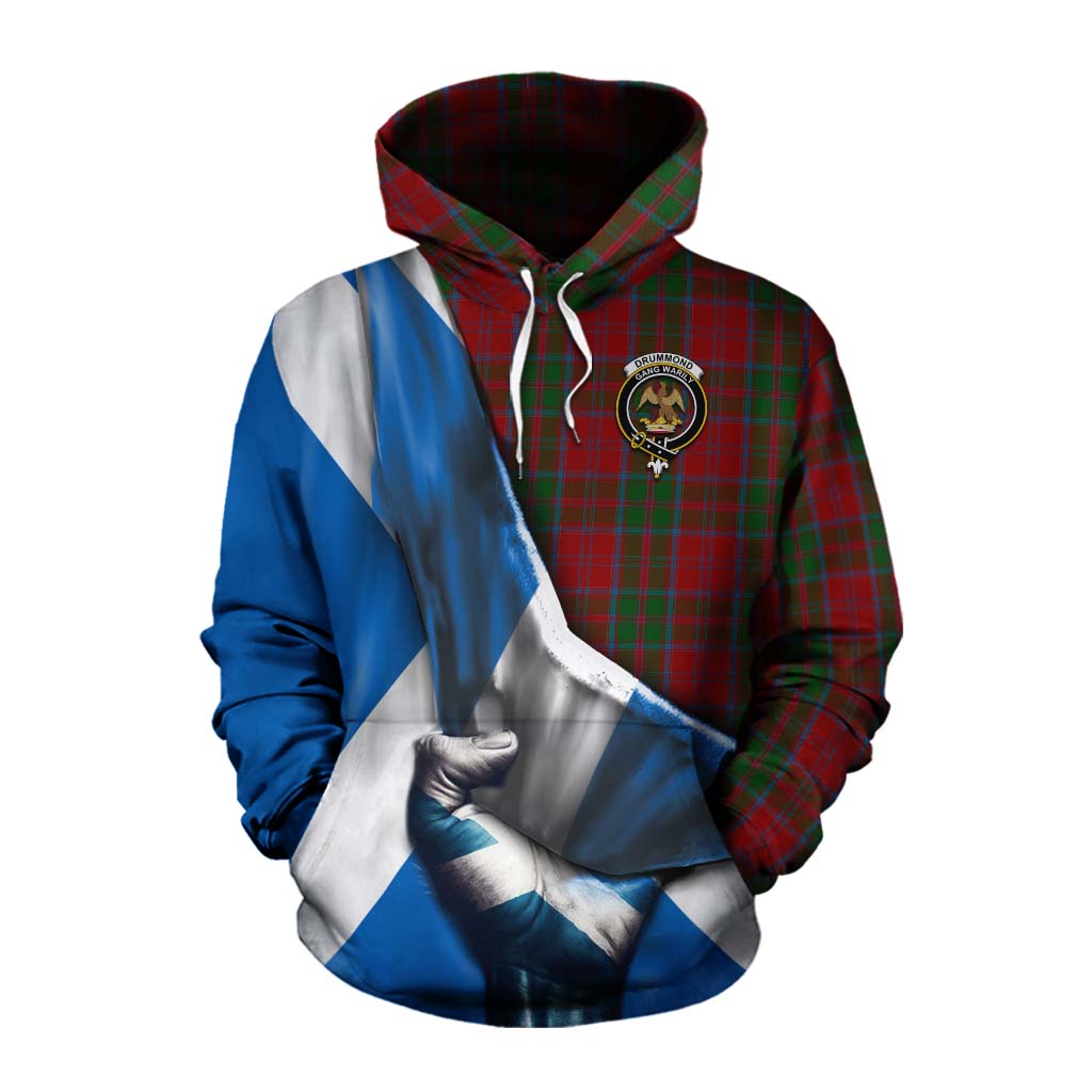 Tartan Vibes Clothing Drummond Tartan Cotton Hoodie with Family Crest Scotland Patriotic Style