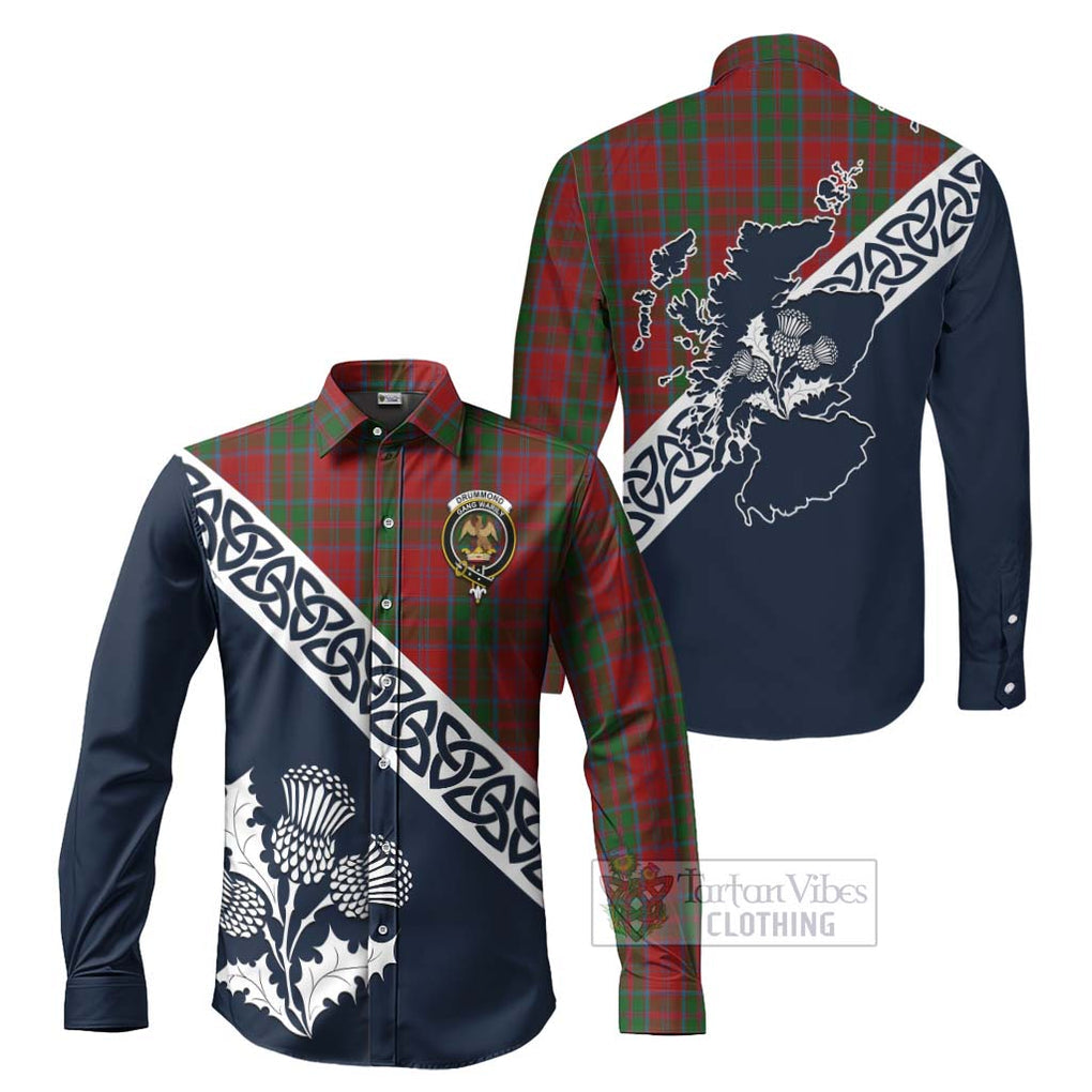 Tartan Vibes Clothing Drummond Tartan Long Sleeve Button Shirt Featuring Thistle and Scotland Map