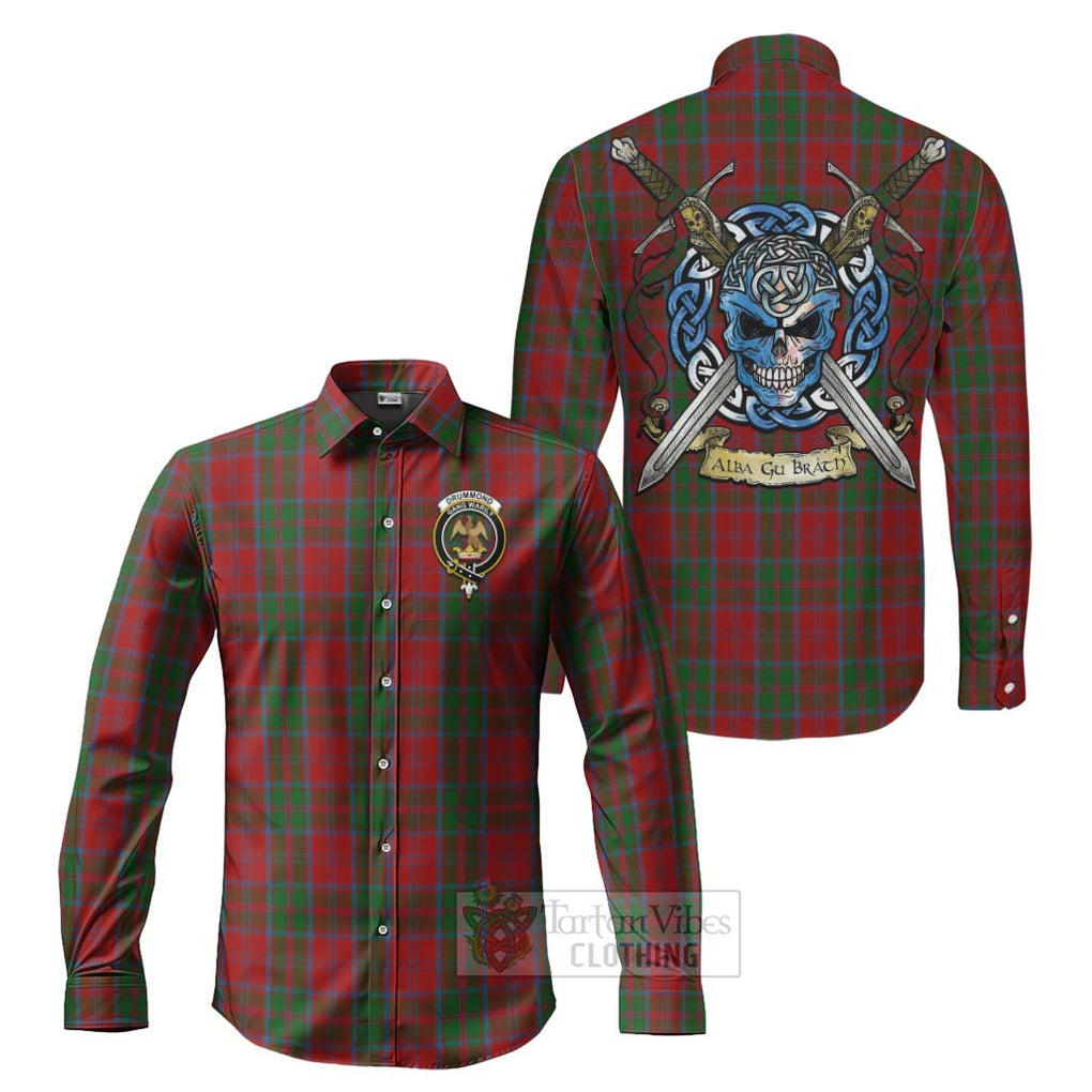 Tartan Vibes Clothing Drummond Tartan Long Sleeve Button Shirt with Family Crest Celtic Skull Style