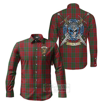 Drummond Tartan Long Sleeve Button Shirt with Family Crest Celtic Skull Style