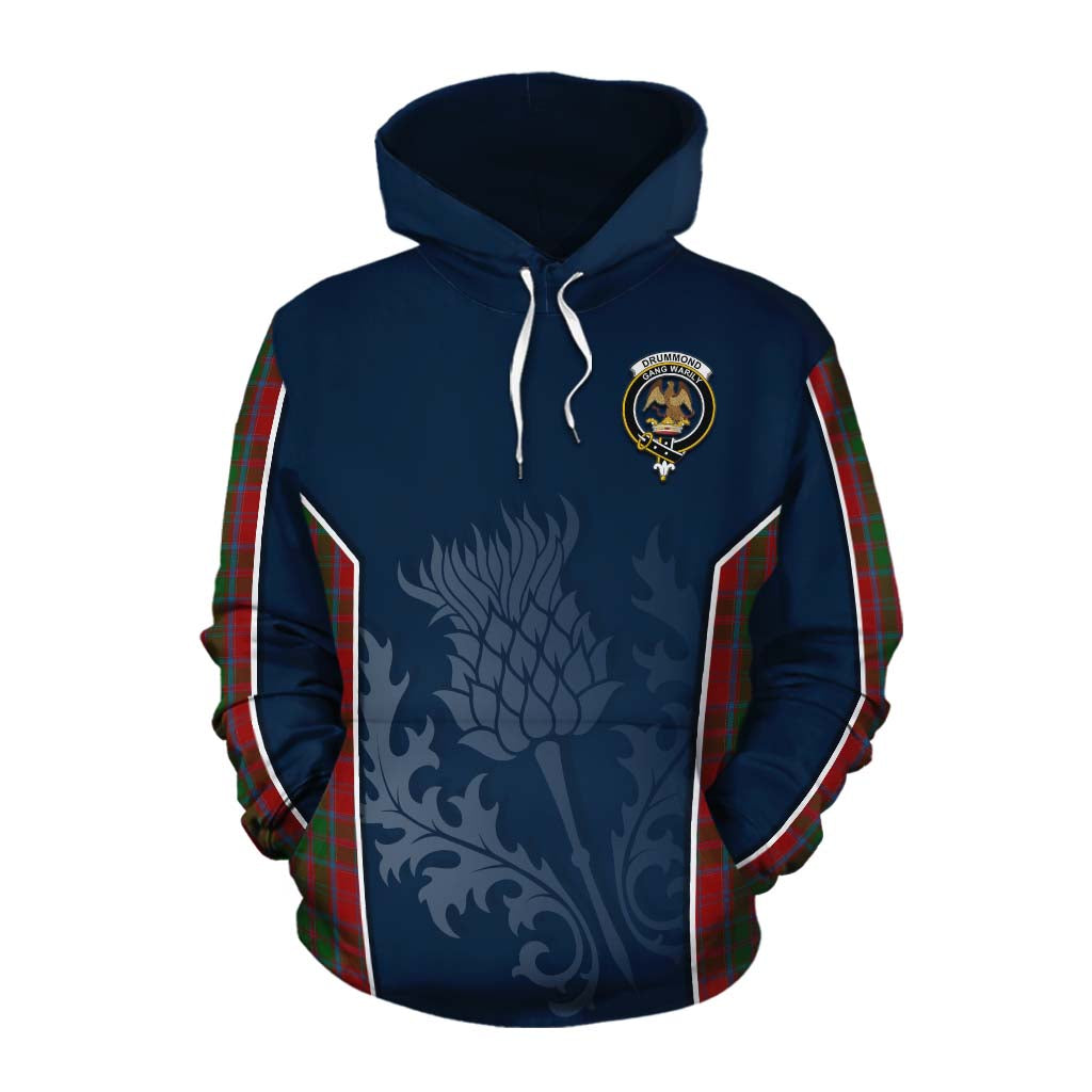 Tartan Vibes Clothing Drummond Tartan Cotton Hoodie with Family Crest and Scottish Thistle Vibes Sport Style