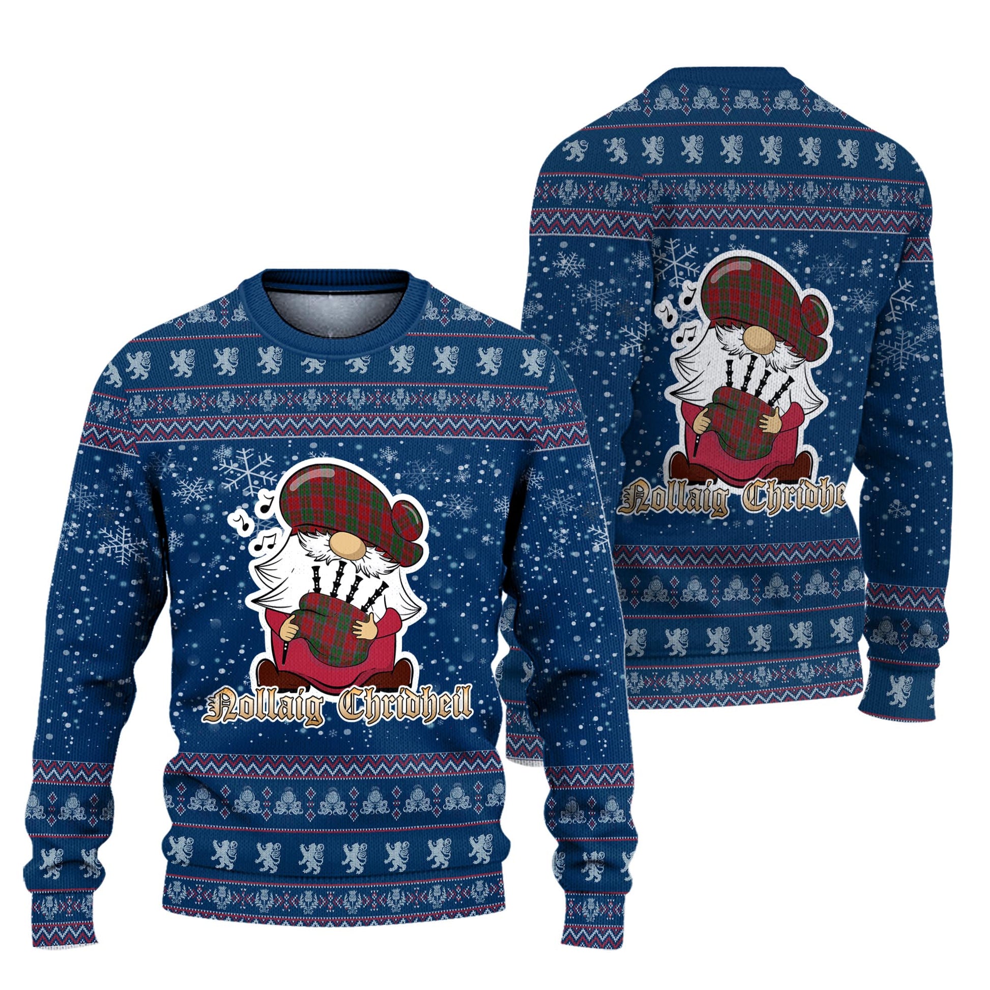 Drummond Clan Christmas Family Knitted Sweater with Funny Gnome Playing Bagpipes Unisex Blue - Tartanvibesclothing