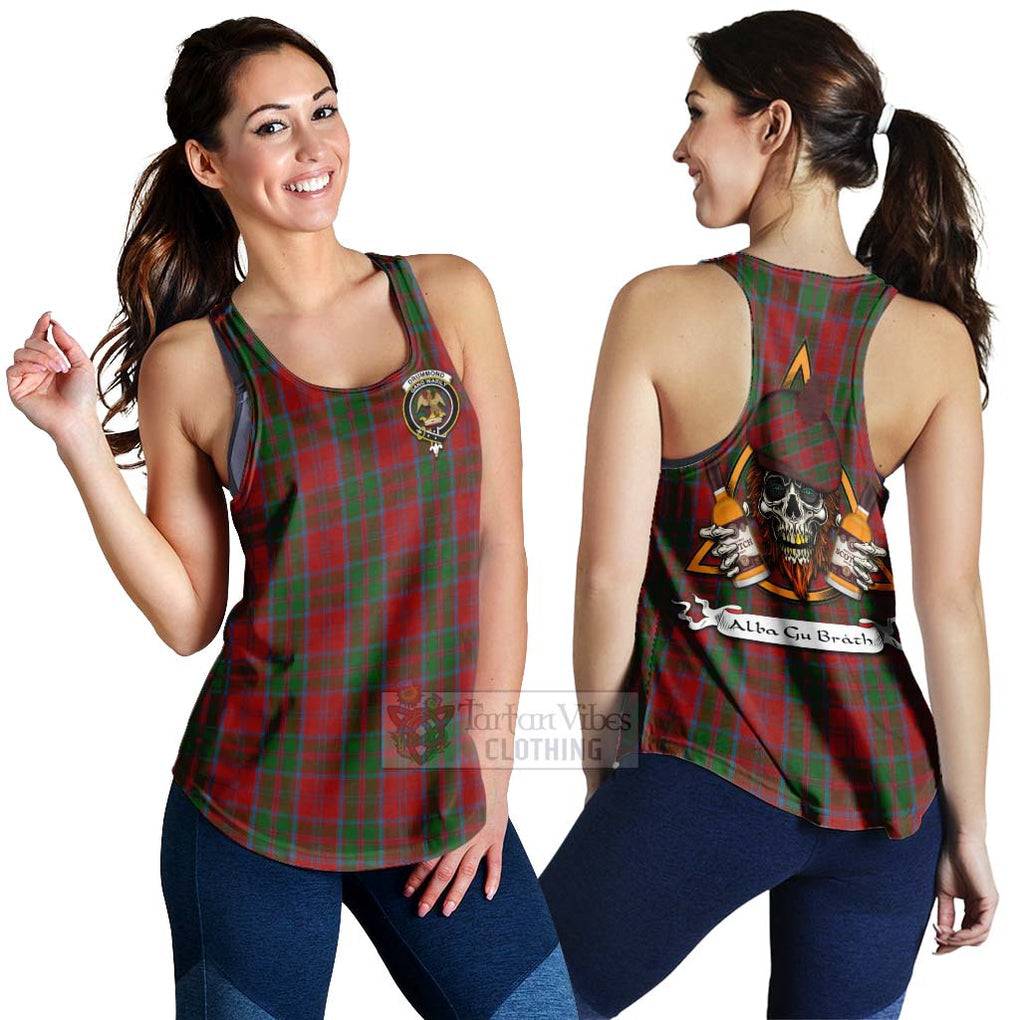 Tartan Vibes Clothing Drummond Tartan Women's Racerback Tanks with Family Crest and Bearded Skull Holding Bottles of Whiskey