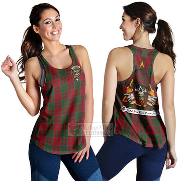 Drummond Tartan Women's Racerback Tanks with Family Crest and Bearded Skull Holding Bottles of Whiskey