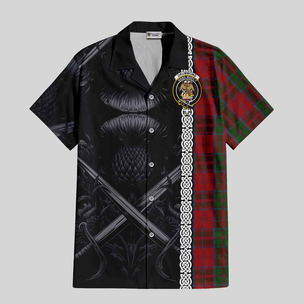 Tartan Vibes Clothing Drummond Tartan Short Sleeve Button Shirt with Family Crest Cross Sword Thistle Celtic Vibes