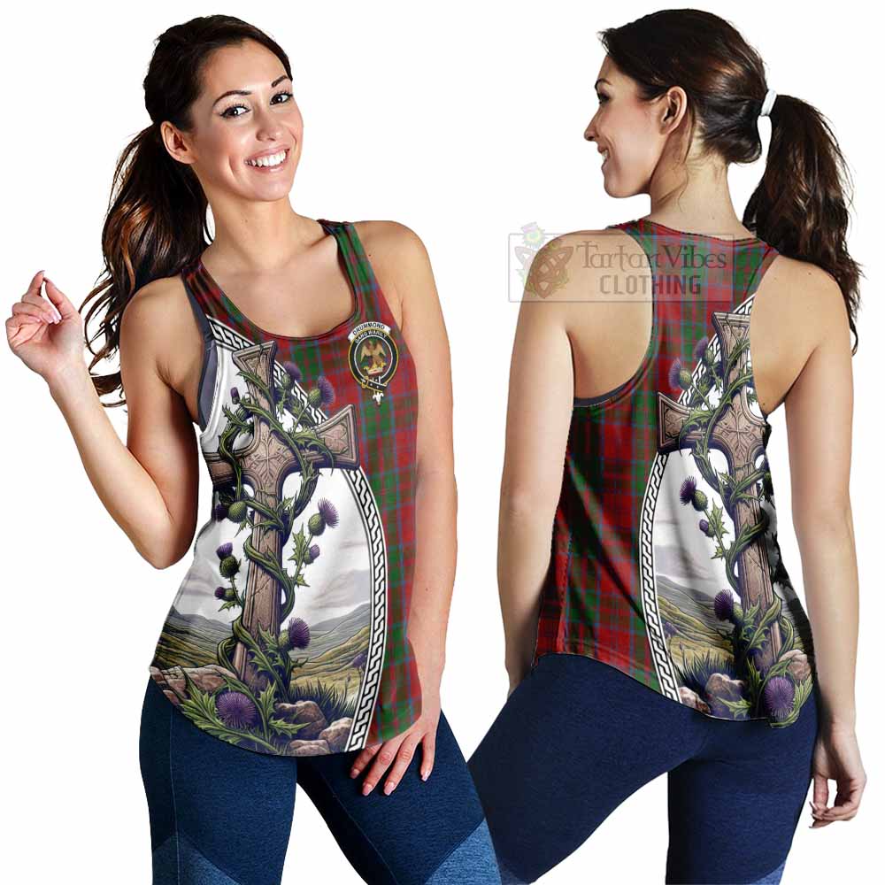 Tartan Vibes Clothing Drummond Tartan Women's Racerback Tanks with Family Crest and St. Andrew's Cross Accented by Thistle Vines