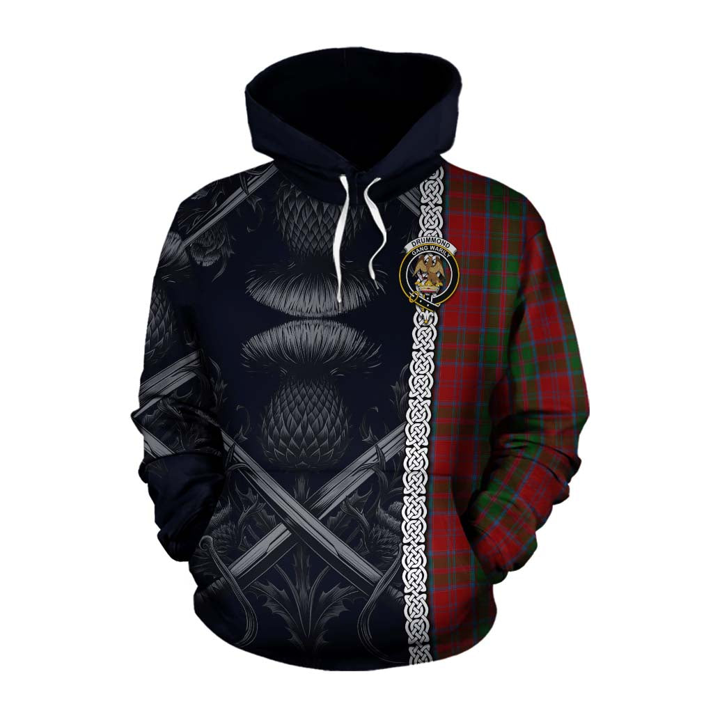 Tartan Vibes Clothing Drummond Tartan Cotton Hoodie with Family Crest Cross Sword Thistle Celtic Vibes