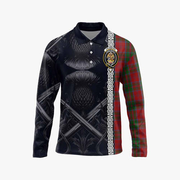 Drummond Tartan Long Sleeve Polo Shirt with Family Crest Cross Sword Thistle Celtic Vibes