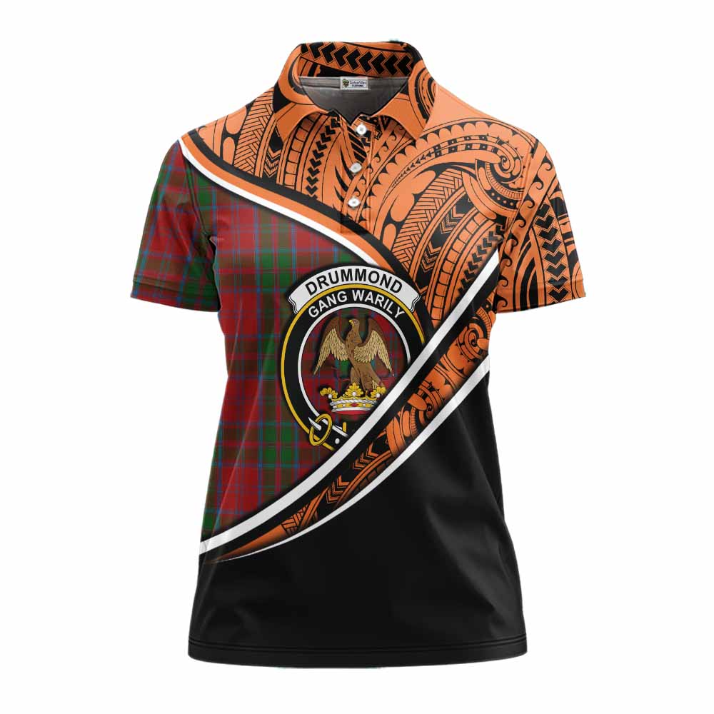 Tartan Vibes Clothing Drummond Crest Tartan Women's Polo Shirt with Maori Tattoo Style - Orange Version