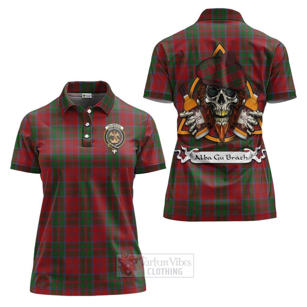 Tartan Vibes Clothing Drummond Tartan Women's Polo Shirt with Family Crest and Bearded Skull Holding Bottles of Whiskey