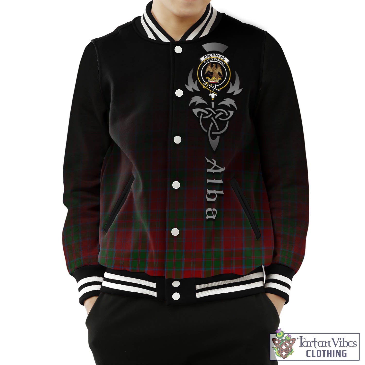 Tartan Vibes Clothing Drummond Tartan Baseball Jacket Featuring Alba Gu Brath Family Crest Celtic Inspired