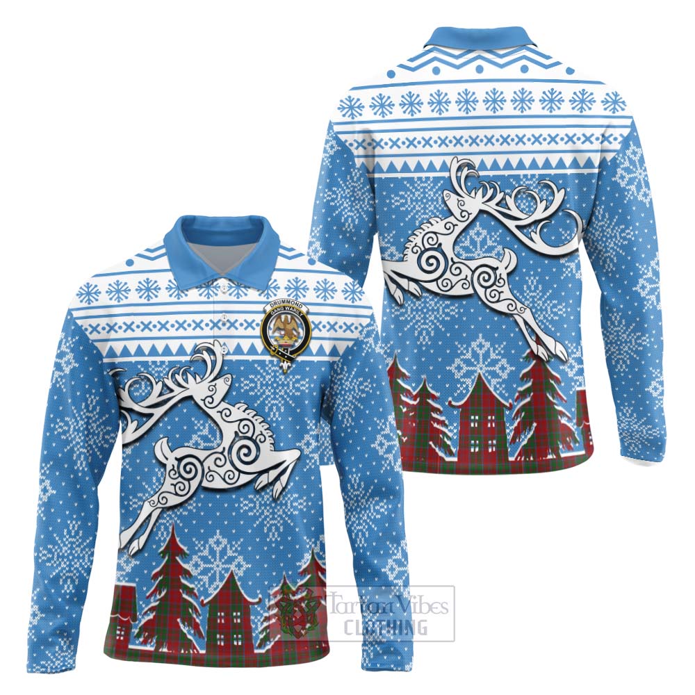 Tartan Vibes Clothing Drummond Clan Christmas Long Sleeve Polo Shirt Celtic Reindeer Style