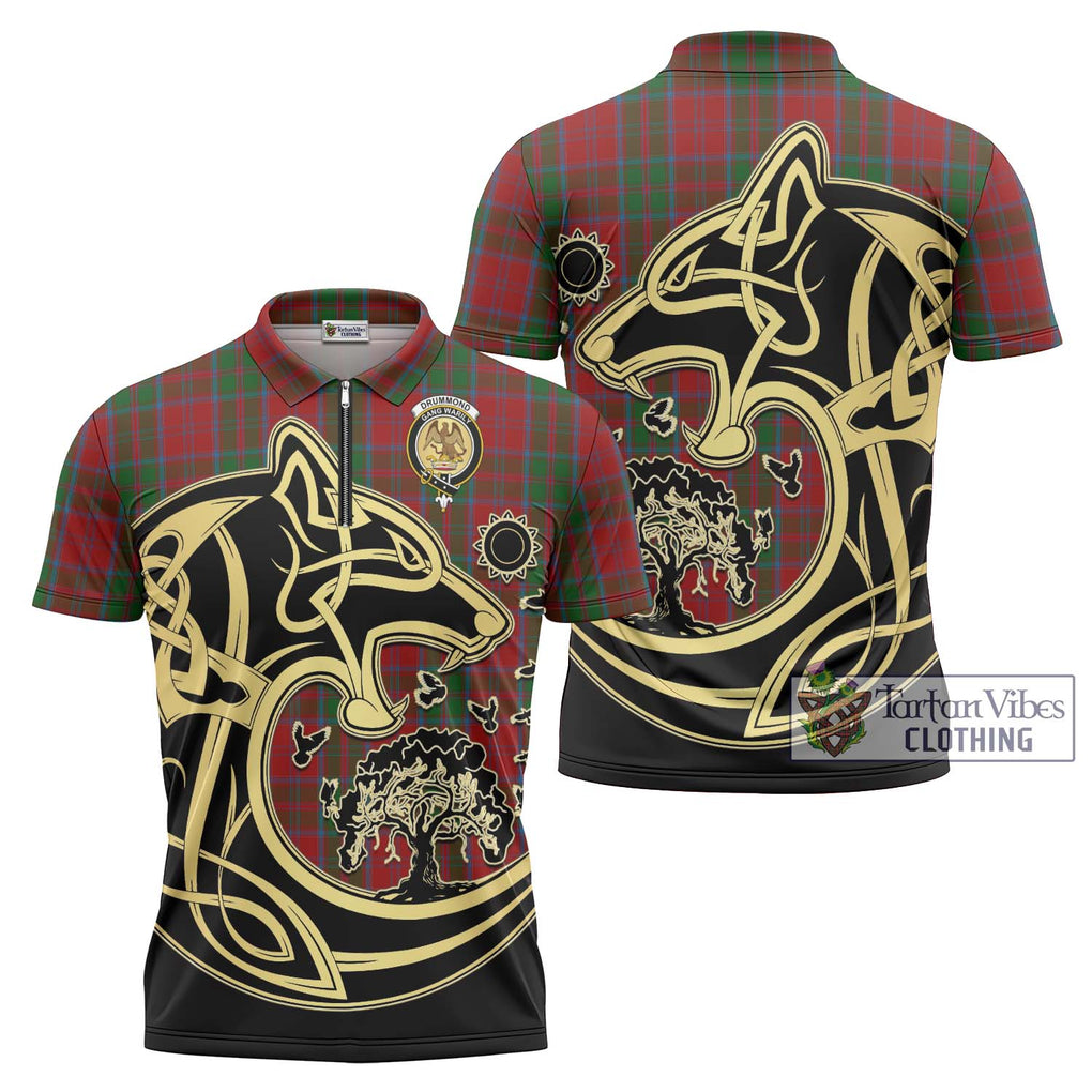 Drummond Tartan Zipper Polo Shirt with Family Crest Celtic Wolf Style Unisex - Tartanvibesclothing Shop