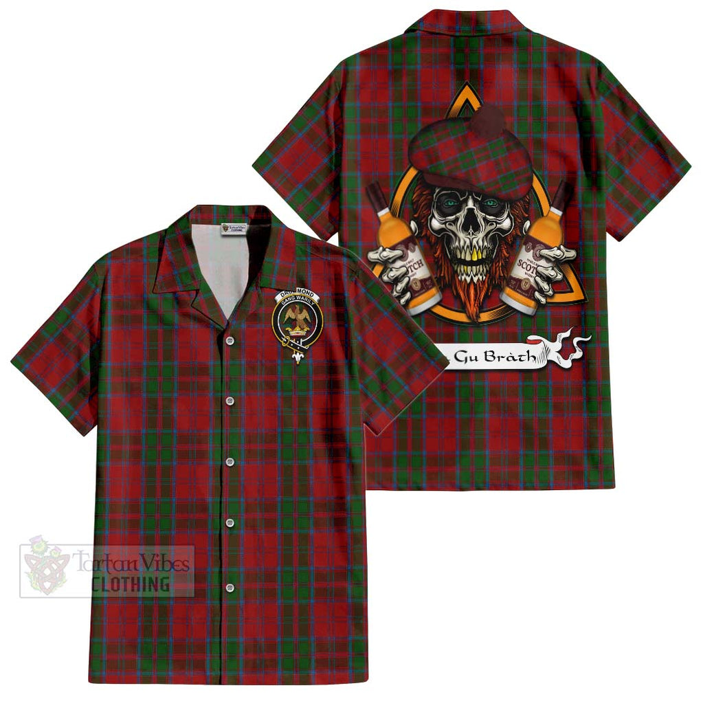 Tartan Vibes Clothing Drummond Tartan Short Sleeve Button Shirt with Family Crest and Bearded Skull Holding Bottles of Whiskey