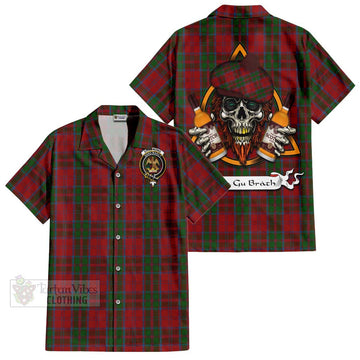 Drummond Tartan Short Sleeve Button Shirt with Family Crest and Bearded Skull Holding Bottles of Whiskey