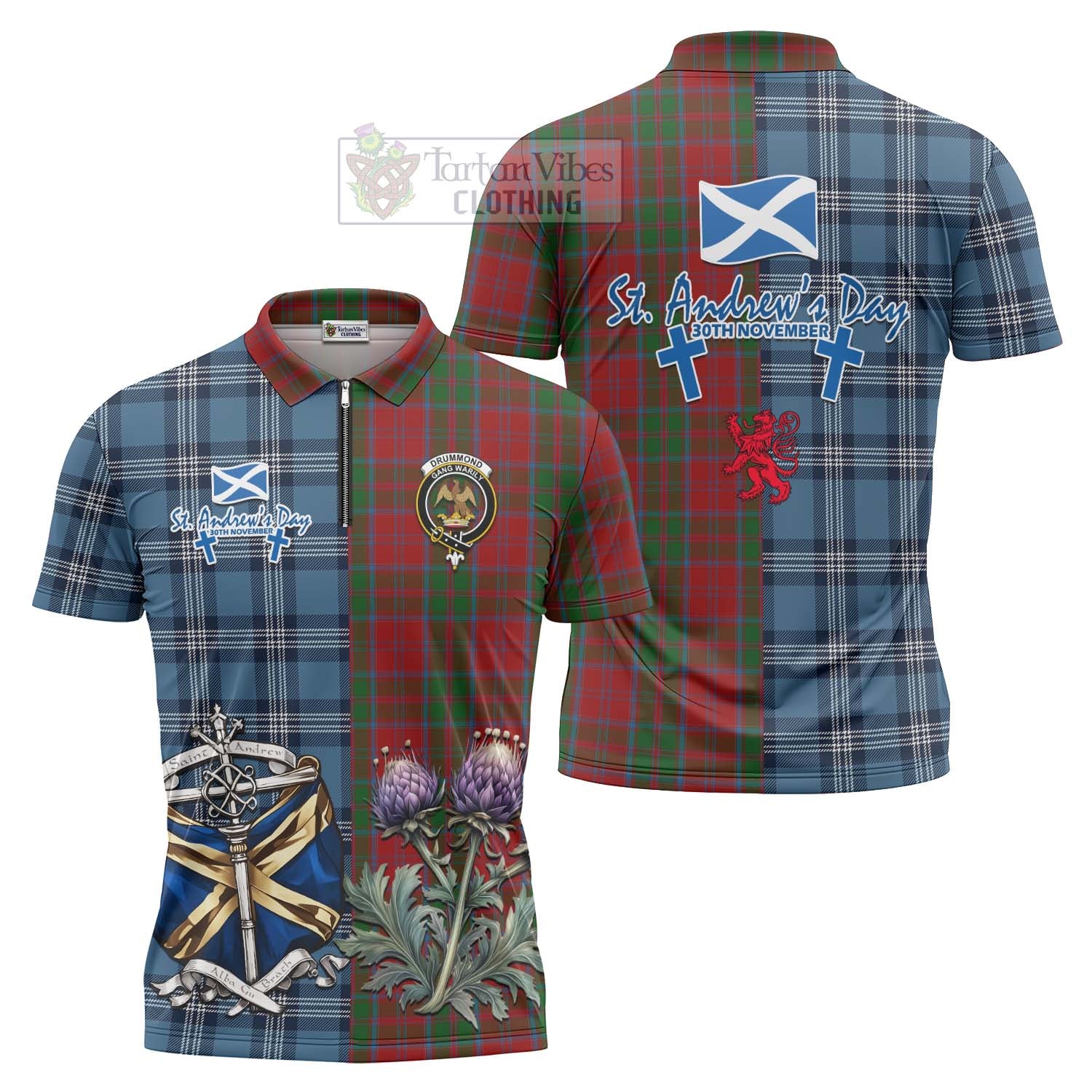 Tartan Vibes Clothing Drummond Tartan Zipper Polo Shirt Happy St. Andrew's Day Half Tartan Style