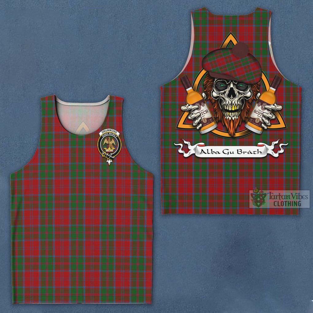 Tartan Vibes Clothing Drummond Tartan Men's Tank Top with Family Crest and Bearded Skull Holding Bottles of Whiskey