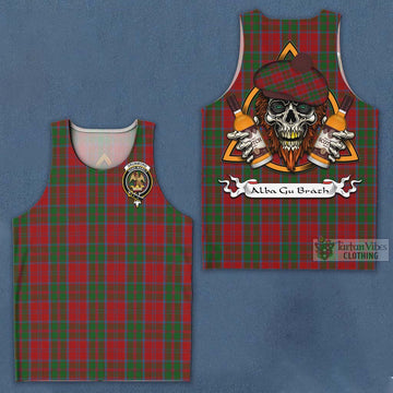 Drummond Tartan Men's Tank Top with Family Crest and Bearded Skull Holding Bottles of Whiskey