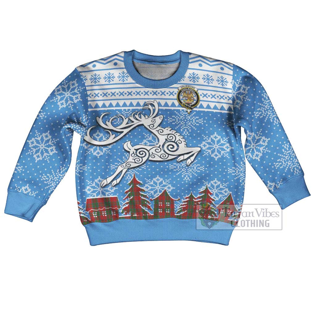 Tartan Vibes Clothing Drummond Clan Christmas Kid Ugly Sweater with Tartan and Celtic Raindeer Style