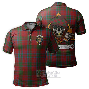 Drummond Tartan Polo Shirt with Family Crest and Bearded Skull Holding Bottles of Whiskey