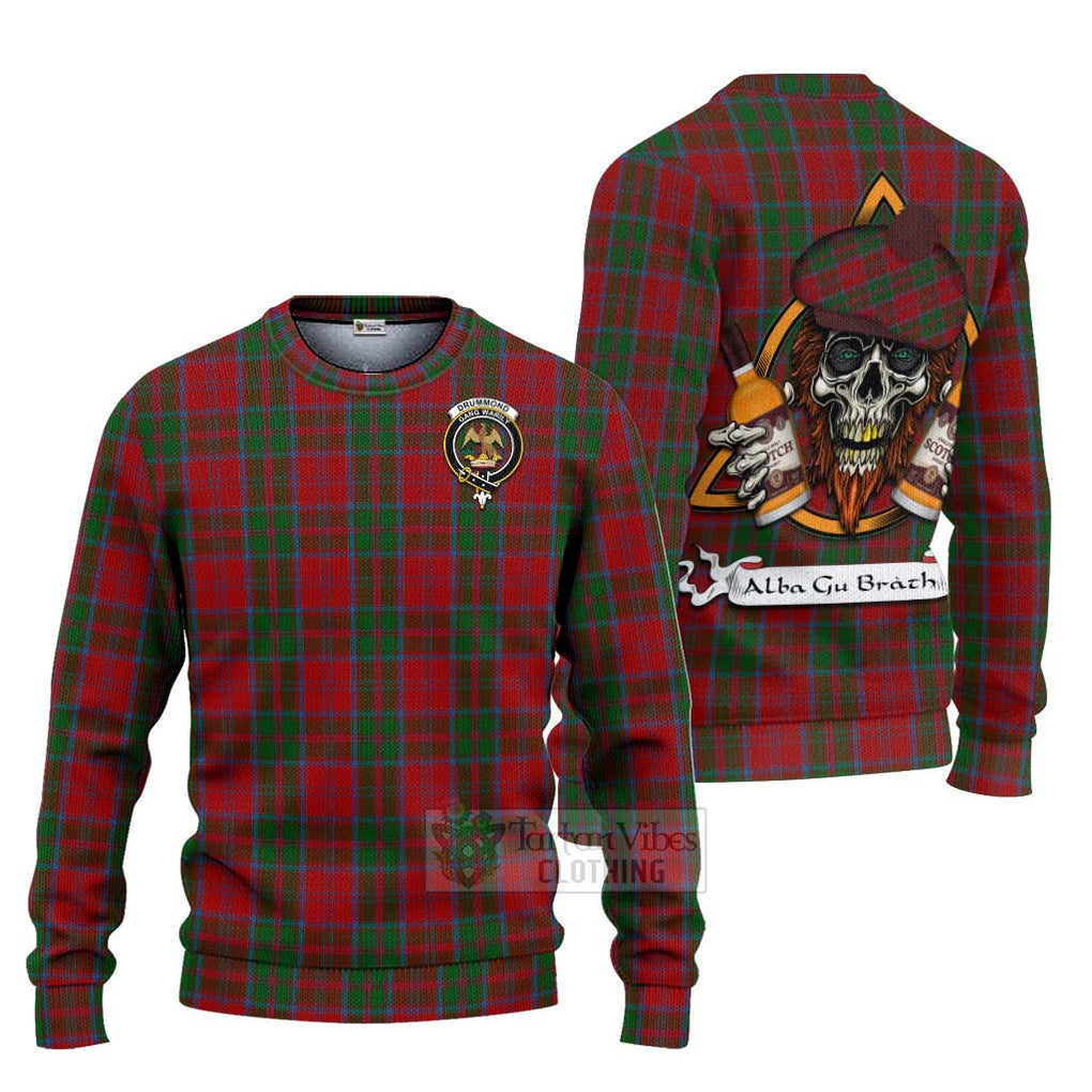 Tartan Vibes Clothing Drummond Tartan Knitted Sweater with Family Crest and Bearded Skull Holding Bottles of Whiskey