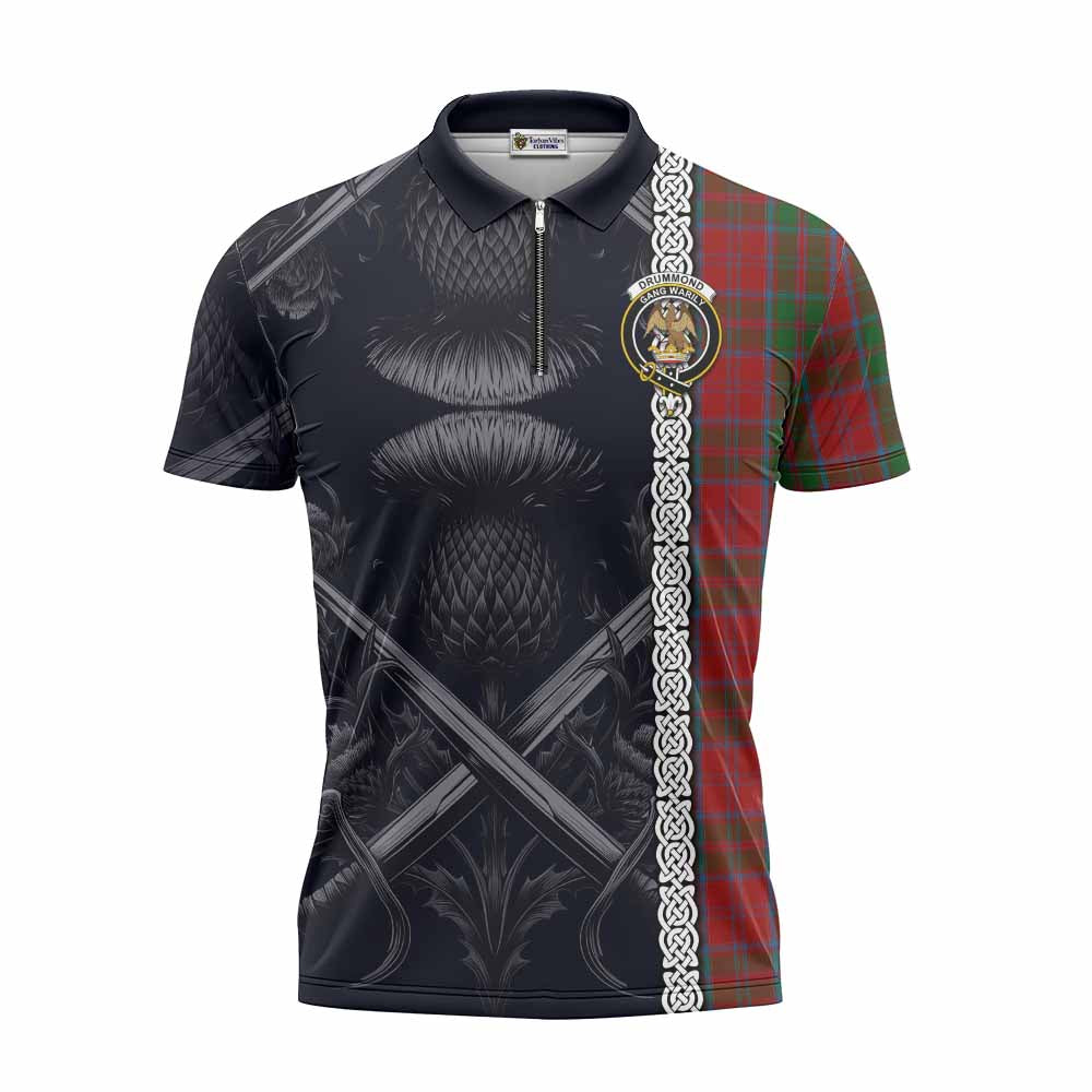 Tartan Vibes Clothing Drummond Tartan Zipper Polo Shirt with Family Crest Cross Sword Thistle Celtic Vibes