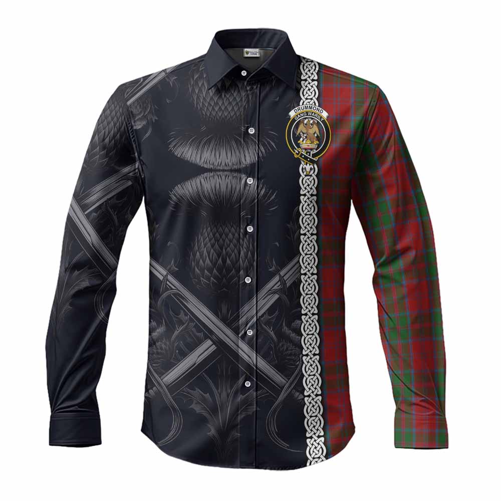 Tartan Vibes Clothing Drummond Tartan Long Sleeve Button Shirt with Family Crest Cross Sword Thistle Celtic Vibes