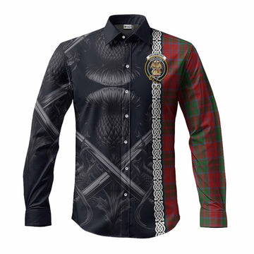 Drummond Tartan Long Sleeve Button Shirt with Family Crest Cross Sword Thistle Celtic Vibes