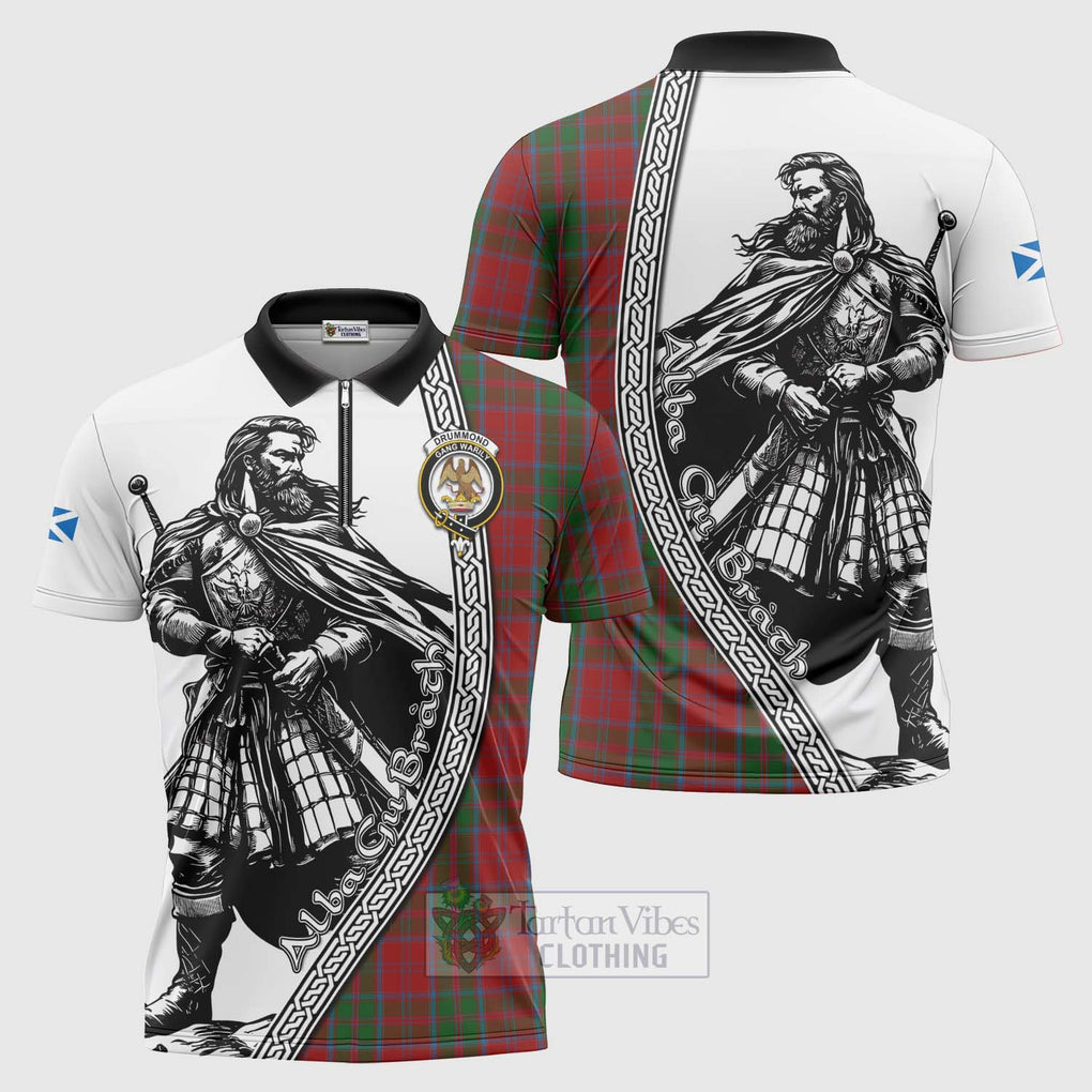 Tartan Vibes Clothing Drummond Tartan Clan Crest Zipper Polo Shirt with Highlander Warrior Celtic Style