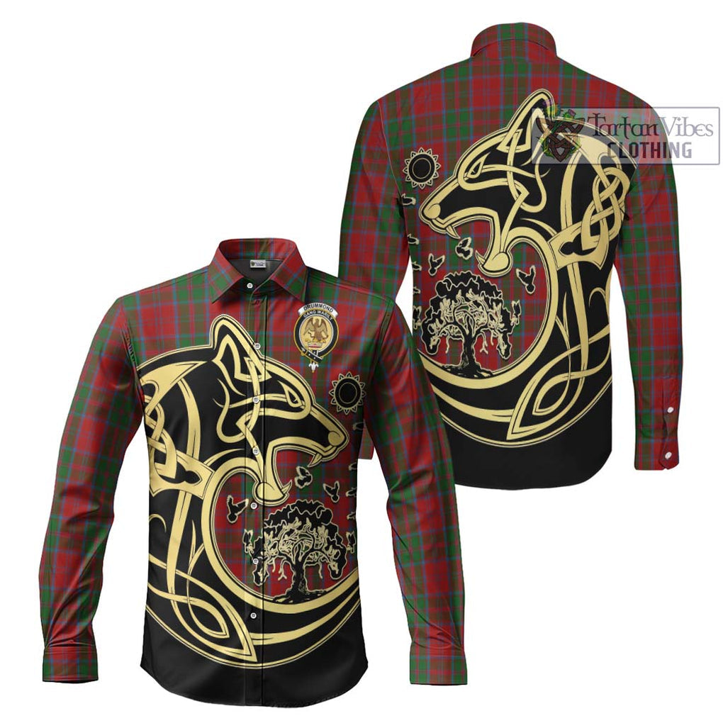 Drummond Tartan Long Sleeve Button Shirt with Family Crest Celtic Wolf Style Men's Shirt S - Tartan Vibes Clothing