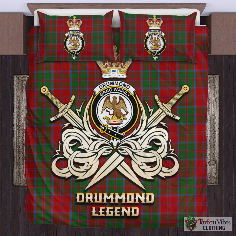 Tartan Vibes Clothing Drummond Tartan Bedding Set with Clan Crest and the Golden Sword of Courageous Legacy