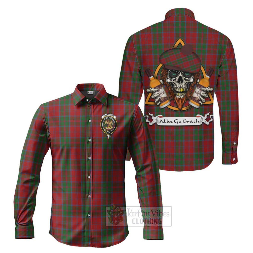 Tartan Vibes Clothing Drummond Tartan Long Sleeve Button Shirt with Family Crest and Bearded Skull Holding Bottles of Whiskey