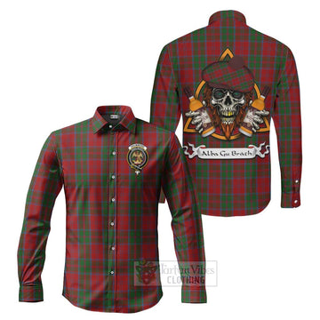 Drummond Tartan Long Sleeve Button Shirt with Family Crest and Bearded Skull Holding Bottles of Whiskey