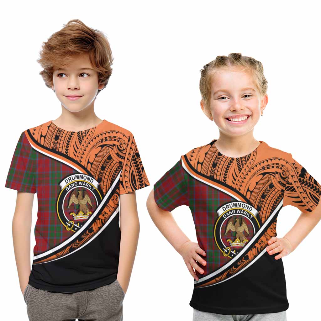 Tartan Vibes Clothing Drummond Crest Tartan Kid T-Shirt with Maori Tattoo Style - Orange Version