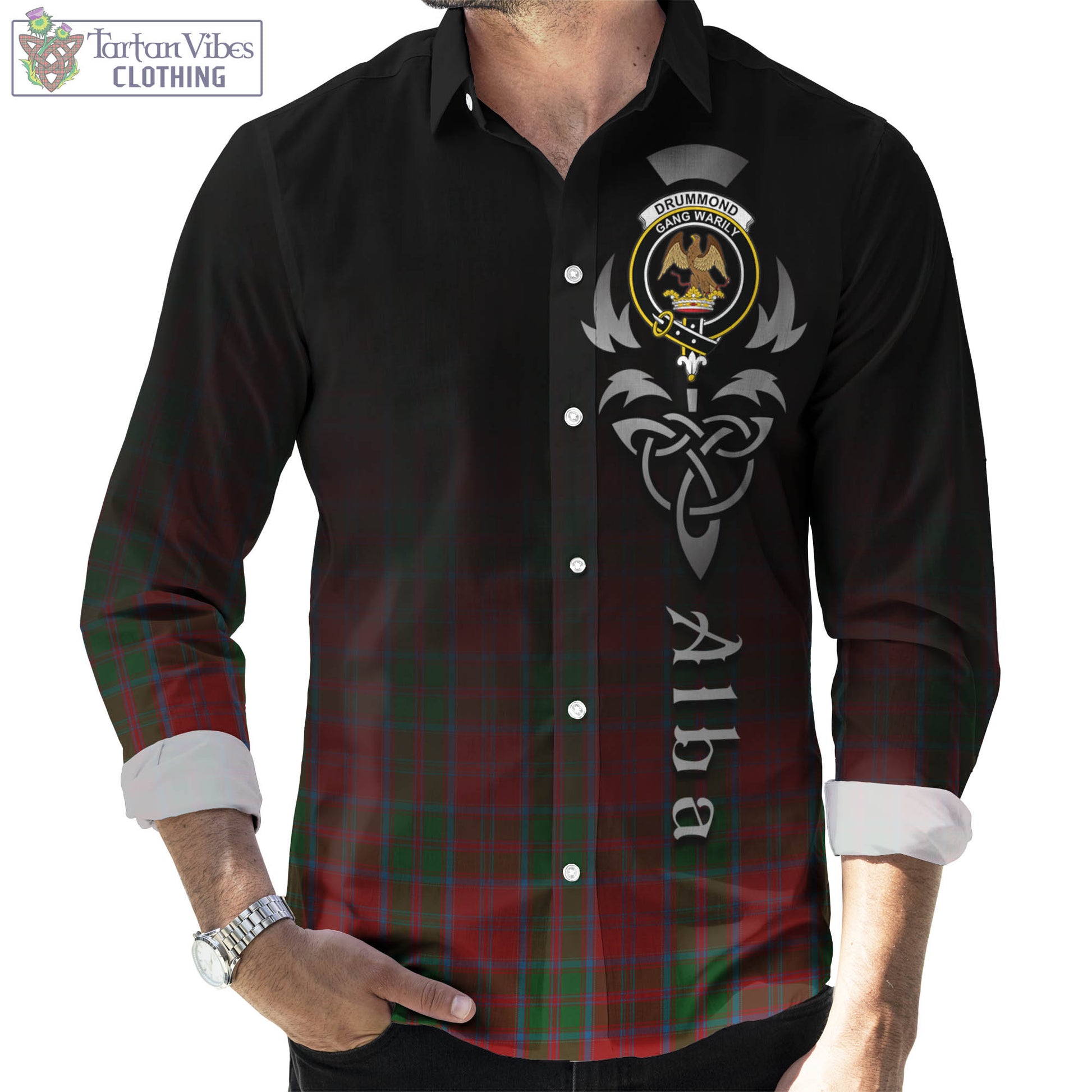 Tartan Vibes Clothing Drummond Tartan Long Sleeve Button Up Featuring Alba Gu Brath Family Crest Celtic Inspired