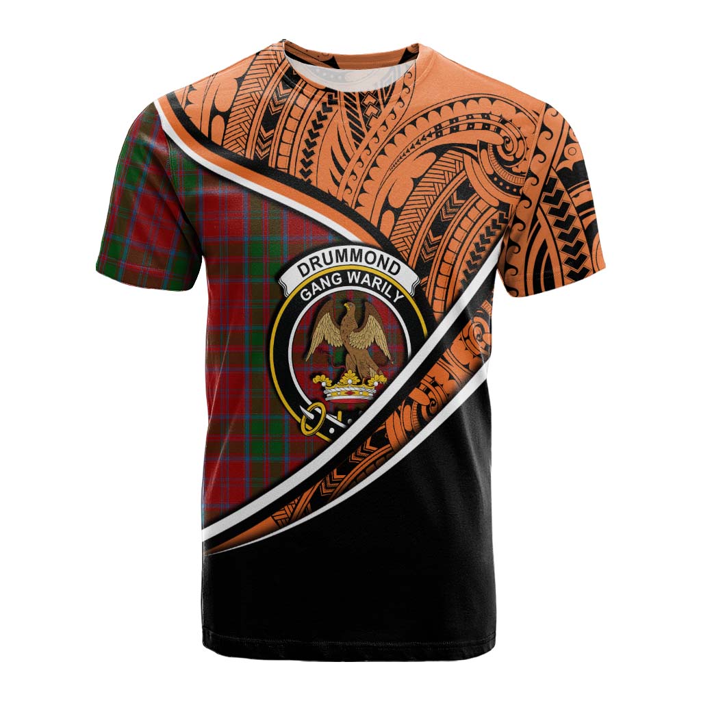 Tartan Vibes Clothing Drummond Crest Tartan Cotton T-shirt with Maori Tattoo Style - Orange Version