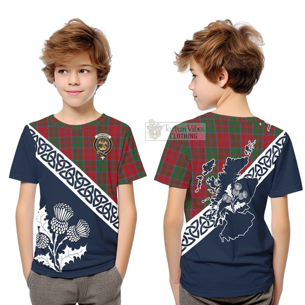 Tartan Vibes Clothing Drummond Tartan Kid T-Shirt Featuring Thistle and Scotland Map