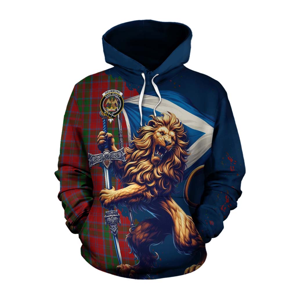 Tartan Vibes Clothing Drummond Tartan Family Crest Cotton Hoodie with Scottish Majestic Lion