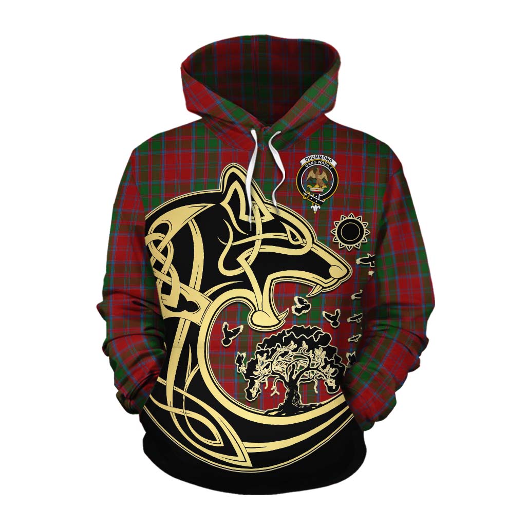 Tartan Vibes Clothing Drummond Tartan Cotton Hoodie with Family Crest Celtic Wolf Style