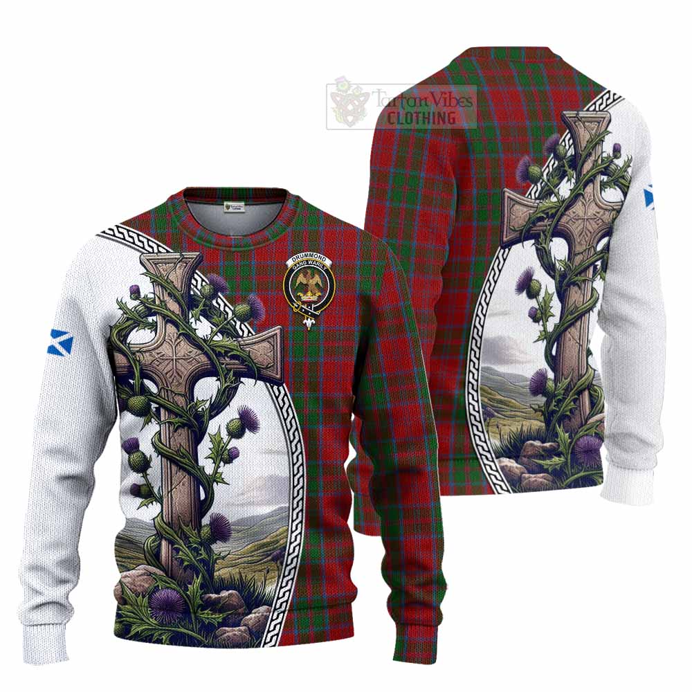 Tartan Vibes Clothing Drummond Tartan Knitted Sweater with Family Crest and St. Andrew's Cross Accented by Thistle Vines