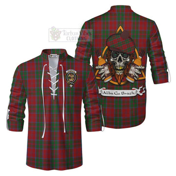 Drummond Tartan Ghillie Kilt Shirt with Family Crest and Bearded Skull Holding Bottles of Whiskey