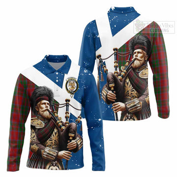 Drummond Tartan Long Sleeve Polo Shirt with Family Crest Scottish Bagpiper Vibes